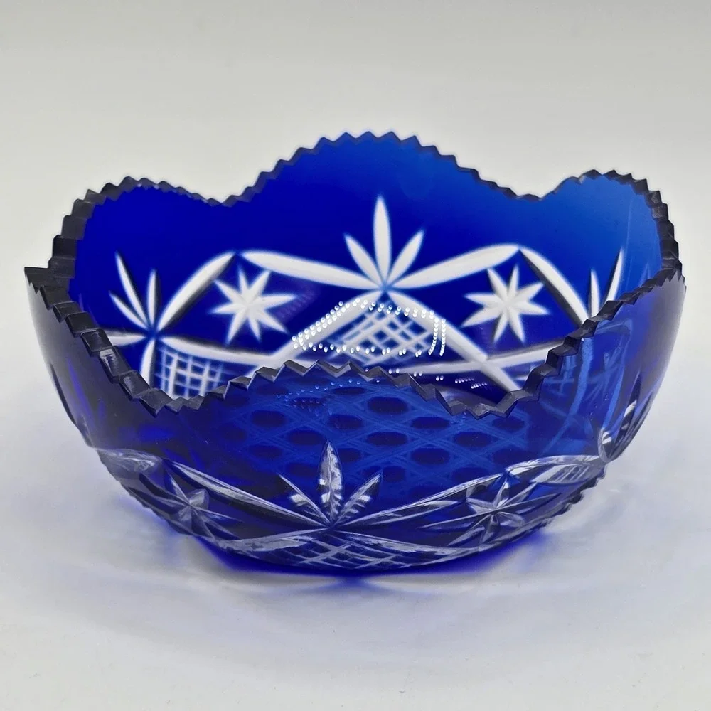 Vintage Bohemian cobalt cut to clear crystal mini bowl Antique Art Deco